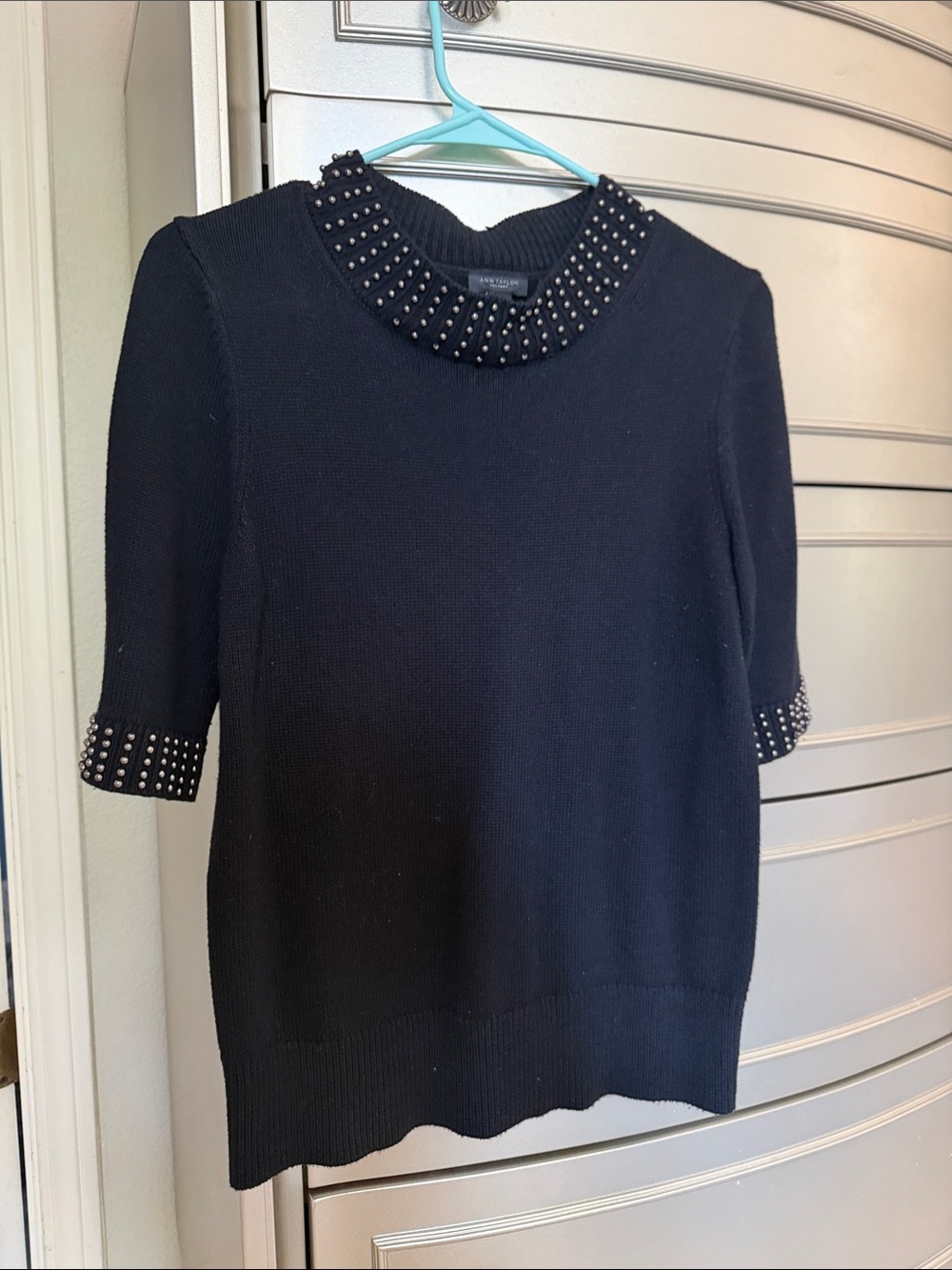 Ann Taylor Black Short-Sleeve Knit Top with Studded Collar and sleeves